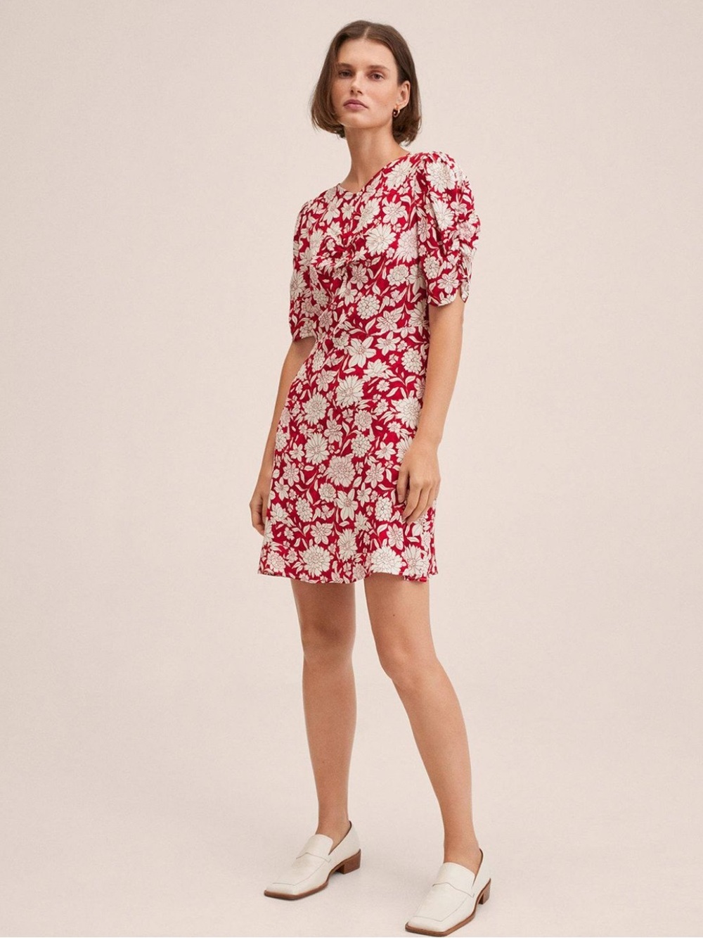 MANGO Women Red & White Floral Print Puff Sleeves A-Line Dress Size 4 - Picture 3 of 12
